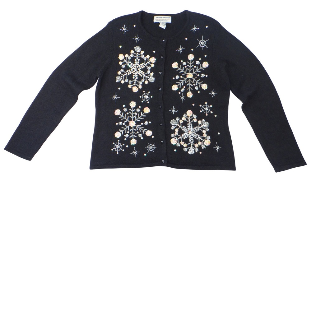Vintage‎ Heirloom Collectibles Sweater Cardigan Snowflake Beaded Sequin Black M